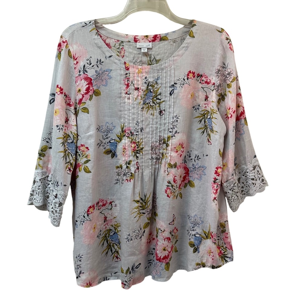 J. Jill Pure Linen Floral Bird Print Pintuck Crochet Lace Blouse Top Gray Pink